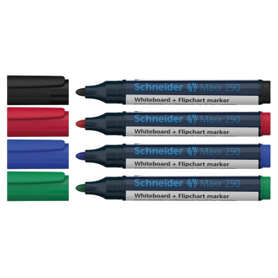 Tábla- és flipchart marker készlet 2-3mm, kerek végű Schneider Maxx 290, 4 klf. szín Tábla- és flipchart marker készlet 2-3mm, kerek végű Schneider Maxx 290, 4 klf. szín