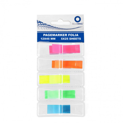 Jelölőcímke 12x45mm, 5x25lap, műanyag 5szín/bliszter, kemény tokos adagolóban Bluering®