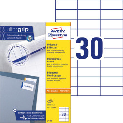Etikett címke, 70 x29,7mm, univerzális, 30 címke/ív, 100 ív/doboz, Avery fehér