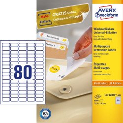 Etikett címke, 35,6 x16,9mm, univerzális visszaszedhető, 80 címke/ív, 100 ív/doboz, Avery fehér Író- irodaszer, papíráru Avery
