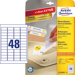 Etikett címke, 45,7 x21,2mm, univerzális visszaszedhető, 48 címke/ív, 25 ív/doboz, Avery fehér Író- irodaszer, papíráru Avery