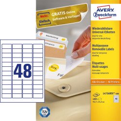 Etikett címke, 45,7 x21,2mm, univerzális visszaszedhető, 48 címke/ív, 100 ív/doboz, Avery fehér Író- irodaszer, papíráru Avery
