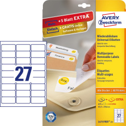 Etikett címke, 63,5 x29,6mm, univerzális visszaszedhető, 27 címke/ív, 25 ív/doboz, Avery fehér Író- irodaszer, papíráru Avery