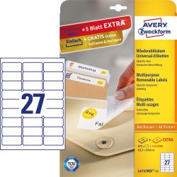 Etikett címke, 63,5 x29,6mm, univerzális visszaszedhető, 27 címke/ív, 25 ív/doboz, Avery fehér Író- irodaszer, papíráru Avery