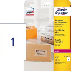 Etikett címke, 210 x297mm, csomag 1 címke/ív, 25 ív/doboz, Avery átlátszó Író- irodaszer, papíráru Avery