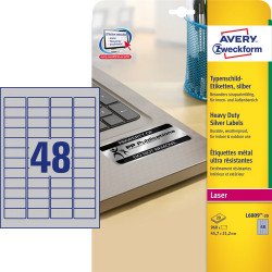 Etikett címke, 45,7 x21,2mm, ipari poliészter, 48 címke/ív, 20 ív/doboz, Avery ezüst Író- irodaszer, papíráru Avery