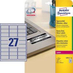 Etikett címke, 63,5 x29,6mm, ipari poliészter, 27 címke/ív, 20 ív/doboz, Avery ezüst Író- irodaszer, papíráru Avery