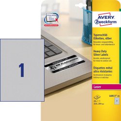 Etikett címke, 210 x297mm, ipari poliészter, 1 címke/ív, 20 ív/doboz, Avery ezüst Író- irodaszer, papíráru Avery