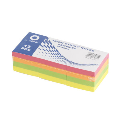 Jegyzettömb öntapadó, 38x51mm, 80lap, 12 tömb/csomag, Bluering® , neon