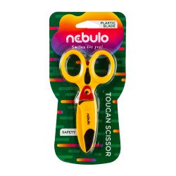 Olló, 12cm, biztonsági, műanyag tukán forma, Nebulo Irodatechnika, kellékei Nebulo