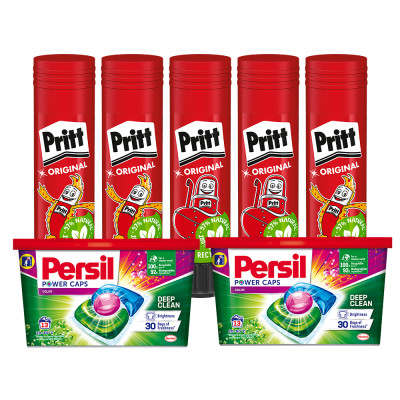 Ragasztóstift 43 g AKCIÓS CSOMAG + 2 db Persil Discs Color mosókapszula 100x43 g (10x10 db ) stift Pritt