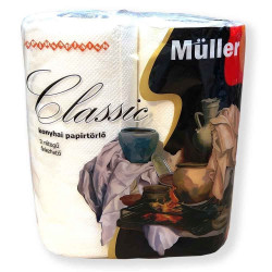 Háztartási papírtörlő kéztörlő 2 rétegű 50 lap/tekercs 2 tekercs/csomag Müller Classic hófehér Iroda üzemeltetés, munkavédelem Müller