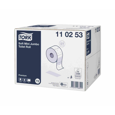 Toalettpapír 2 rétegű közületi átmérő: 18,8 cm 850 lap/170 m/tek 12 tek/karton Soft Mini Jumbo Premium Tork_110253 fehér