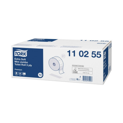 Toalettpapír 3 rétegű közületi átmérő: 18,7 cm 600 lap/120 m/tek 12 tek/karton Extra Soft Mini Jumbo Tork_110255 fehér