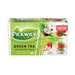 Zöld tea 20x1,5 g Pickwick Zöld tea Gyümölcsös Variációk kókusz, vörösáfonya, eper-citromfű, mangó-jázmin Teák Pickwick