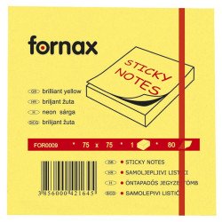 Jegyzettömb öntapadó, 75x75mm, 80lap, Fornax neon sárga Író- irodaszer, papíráru Fornax