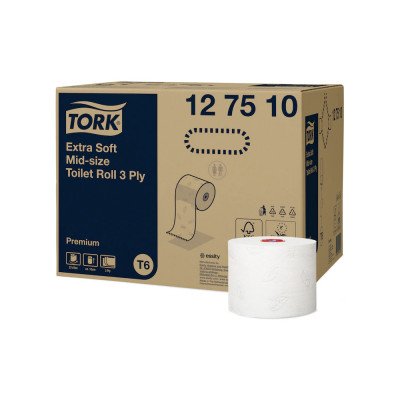 Toalettpapír 3 rétegű tekercses átmérő: 13,2 cm 70m 27 tekercs/karton Premium Extra Soft Mid-Size T6 Tork_127510 fehér