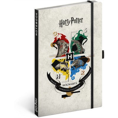Keménytáblás notesz krémszínű lapokkal leszorító gumiszalaggal Harry Potter-Hogwarts 130x210mm, Presco Keménytáblás notesz krémszínű lapokkal leszorító gumiszalaggal Harry Potter-Hogwarts 130x210mm, Presco