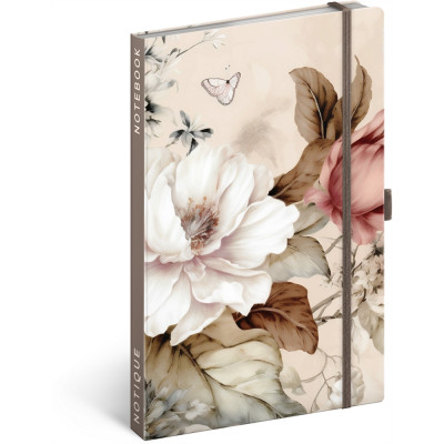 Keménytáblás notesz krémszínű lapokkal leszorító gumiszalaggal Herbarium 130x210mm, Presco