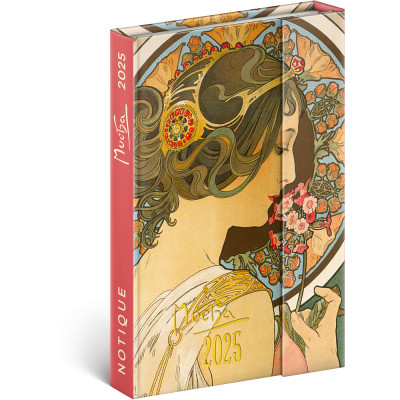 Határidőnapló mágnessel záródó, krémszínű lapokkal Alphonse Mucha 110×160 mm, Presco