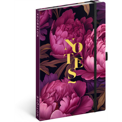 Keménytáblás notesz krémszínű lapokkal leszorító gumiszalaggal Purple Flowers 130x210mm, Presco