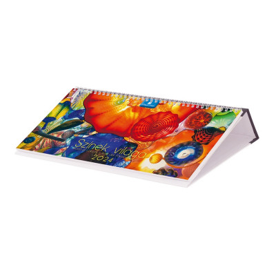 Asztali naptár fehér lapokkal 320 × 150 mm Színek világa fekvő műbör hátlappal fekete Dayliner 2024. Asztali naptár fehér lapokkal 320 × 150 mm Színek világa fekvő műbör hátlappal fekete Dayliner 2024.