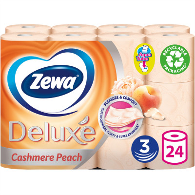 Toalettpapír 3 rétegű kistekercses 100 % cellulóz 24 tekercs/csomag Zewa Deluxe Cashmere Peach Toalettpapír 3 rétegű kistekercses 100 % cellulóz 24 tekercs/csomag Zewa Deluxe Cashmere Peach
