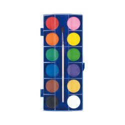 Vízfesték készlet, 28 mm x 12 szín, ecsettel, műanyag dobozban, Keyroad Író- irodaszer, papíráru Keyroad