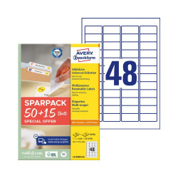 Etikett címke, 45,7x21,2mm, univerzális, 65 ív, 48 címke/ív Avery, fehér