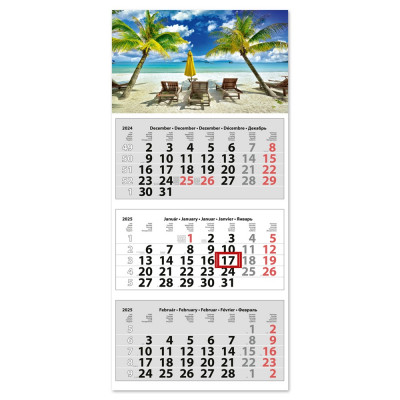 Speditőr naptár 3 tömb, 3 hónap Medium Classic 350 × 755 mm, fehér lapokkal Tengerpart Dayliner 2026.