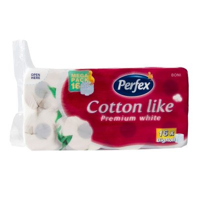 Toalettpapír 3 rétegű kistekercses 100% cellulóz 180 lap/16 tekercs/csomag Premium Cotton Like Boni Perfex hófehér