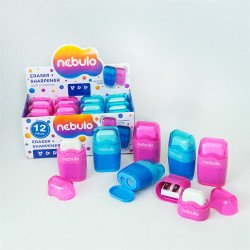 Hegyező 2 lyukú műanyag, tartályos+radír egyben 12 db/doboz, Nebulo vegyes színek Író- irodaszer, papíráru Nebulo