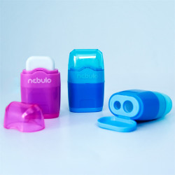 Hegyező 2 lyukú műanyag, tartályos+radír egyben 12 db/doboz, Nebulo vegyes színek Író- irodaszer, papíráru Nebulo