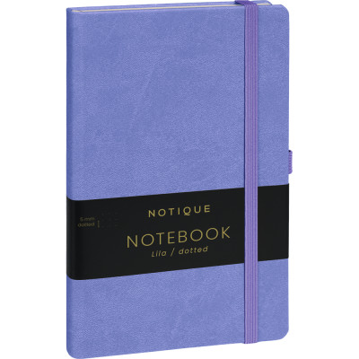 Keménytáblás notesz pontozott vonalozással krémszínű lapokkal leszorító gumiszalaggal Lila 130x210mm, Presco