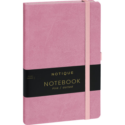 Keménytáblás notesz pontozott vonalozással krémszínű lapokkal leszorító gumiszalaggal Pink 130x210mm, Presco