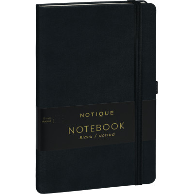 Keménytáblás notesz pontozott vonalozással krémszínű lapokkal leszorító gumiszalaggal Black 130x210mm, Presco