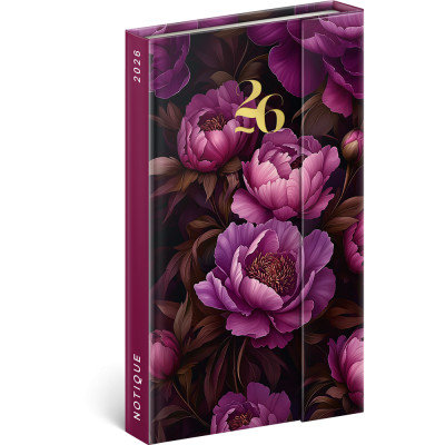 Határidőnapló mágnessel záródó, fehér lapokkal Purple Flowers 130x160 mm, Presco