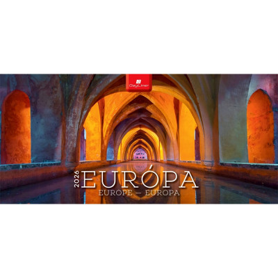 Képes asztali naptár Európa 320 x 150 mm, fehér lapokkal fekvő fehér karton tartóval Dayliner 2026.