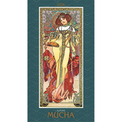 Falinaptár képes 420 × 560 mm, fehér lapokkal Alfons Mucha Dayliner 2026.