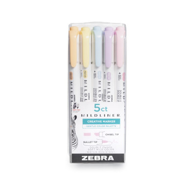 Szövegkiemelő készlet, 1,4/4 mm, kétvégű, Zebra Mildliner Highlighter Gentle, 5 különböző szín