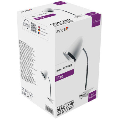 Asztali lámpa, AVIDE Csiptethető, E27, max 15W, fehér