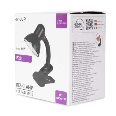 Asztali lámpa, AVIDE Basic csiptethető, max 60W, fekete