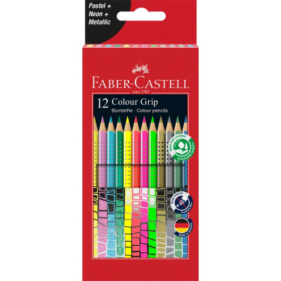 Színes ceruza készlet háromszögletű GRIP Faber-Castell pasztell, neon, metál színek 12klf. szín