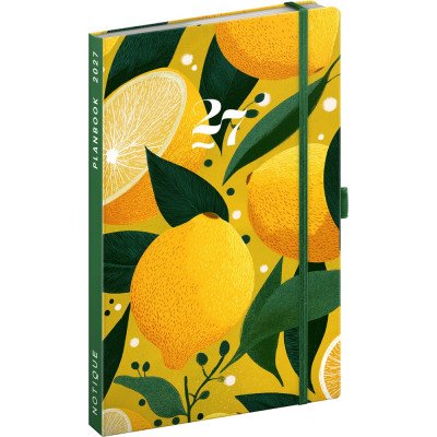 Keménytáblás tervező krémszínű lapokkal, kétheti beosztással, leszorító gumiszalaggal Lemons 130x210mm, Presco