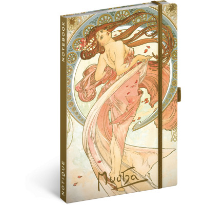 Keménytáblás notesz krémszínű lapokkal, vonalas, leszorító gumiszalaggal Alphonse Mucha – Dance 130x210mm, Presco
