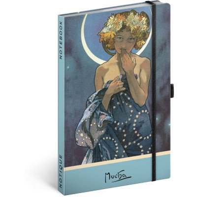Keménytáblás notesz krémszínű lapokkal, pontozott, leszorító gumiszalaggal Alphonse Mucha – Luna 130x210mm, Presco