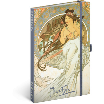 Keménytáblás notesz krémszínű lapokkal, vonalas, leszorító gumiszalaggal Alphonse Mucha – Music 130x210mm, Presco