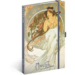 Keménytáblás notesz krémszínű lapokkal, vonalas, leszorító gumiszalaggal Alphonse Mucha – Music 130x210mm, Presco Író- irodaszer, papíráru Presco