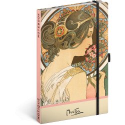 Keménytáblás notesz krémszínű lapokkal, pontozott, leszorító gumiszalaggal Alphonse Mucha – Primrose 130x210mm, Presco Író- irodaszer, papíráru Presco