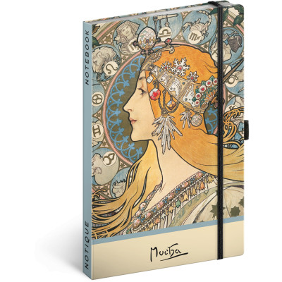 Keménytáblás notesz krémszínű lapokkal, pontozott, leszorító gumiszalaggal Alphonse Mucha – Zodiac 130x210mm, Presco